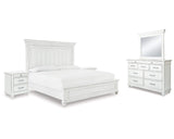 Cama Kanwyn King con paneles, tocador, espejo y dos mesitas de noche
