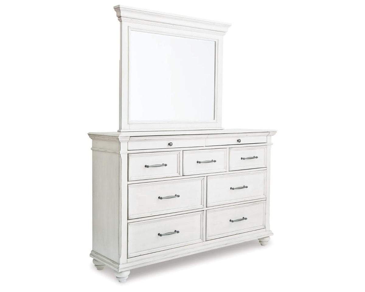 Kanwyn Queen Upholstered Panel Bed, Dresser, Mirror, and Nightstand