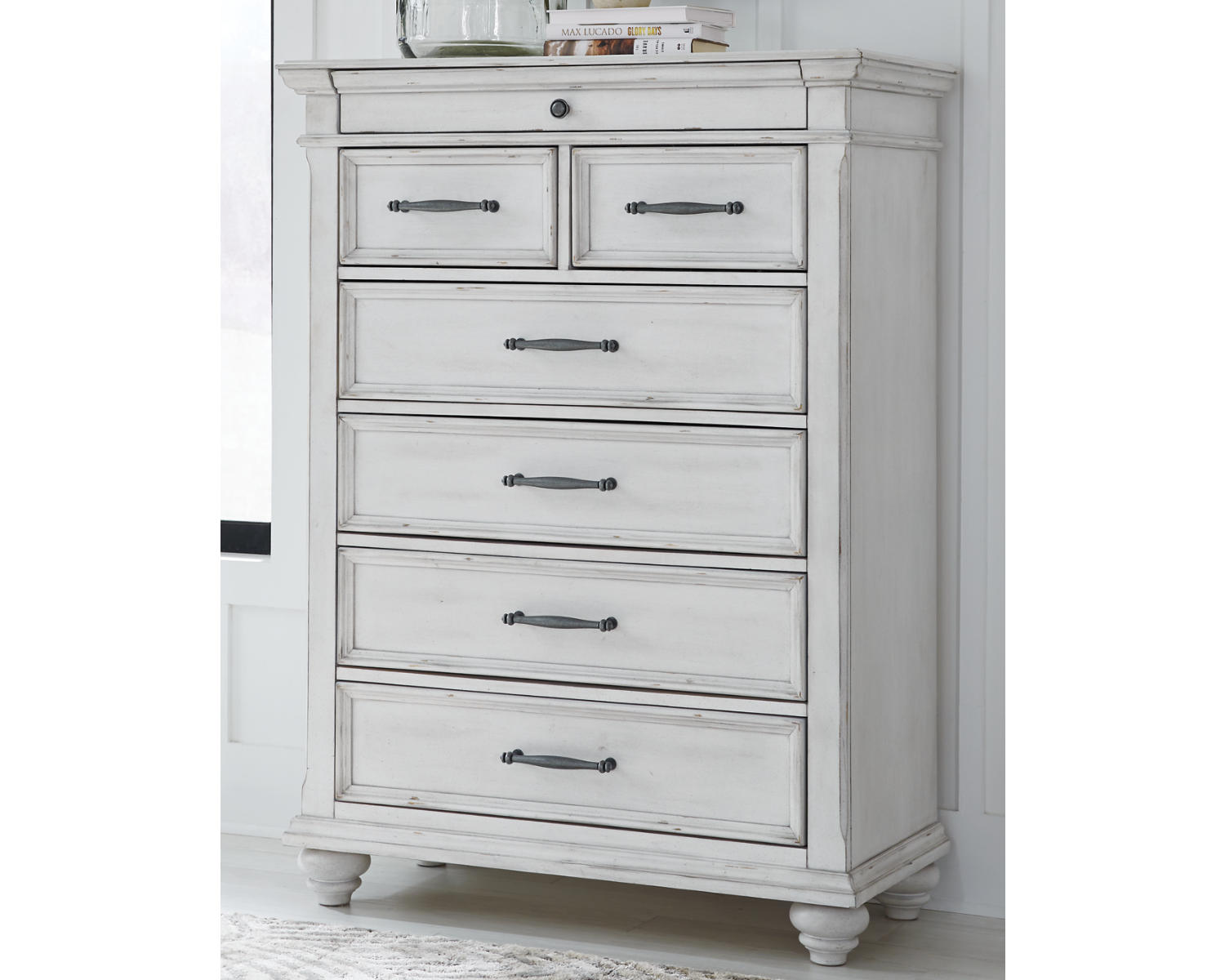 Kanwyn Cal King Upholstered Panel Bed, Dresser, Mirror and Chest