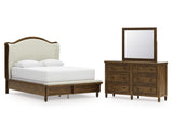 Cama Queen Sturlayne con paneles tapizados, tocador y espejo
