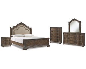 Cama tipo trineo Charmond King, tocador, espejo, cómoda y mesita de noche