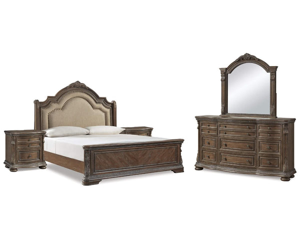 Cama tipo trineo Charmond King, tocador, espejo y dos mesitas de noche