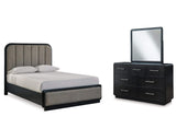 Cama Queen con paneles tapizados, tocador y espejo Rowanbeck