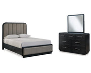 Rowanbeck Queen Upholstered Panel Bed, Dresser and Mirror