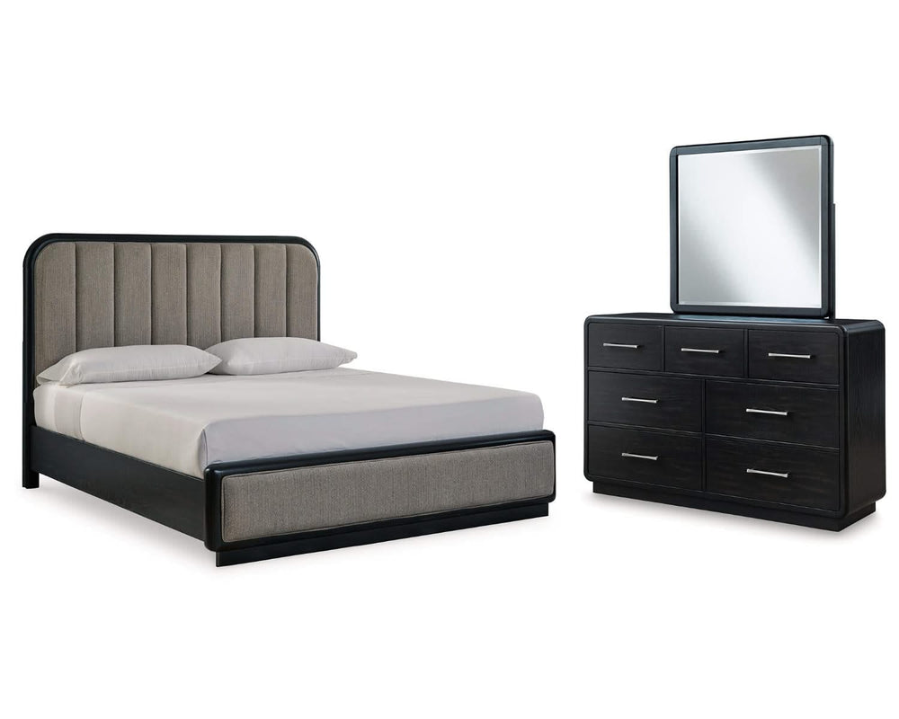 Cama King con paneles tapizados, tocador y espejo Rowanbeck
