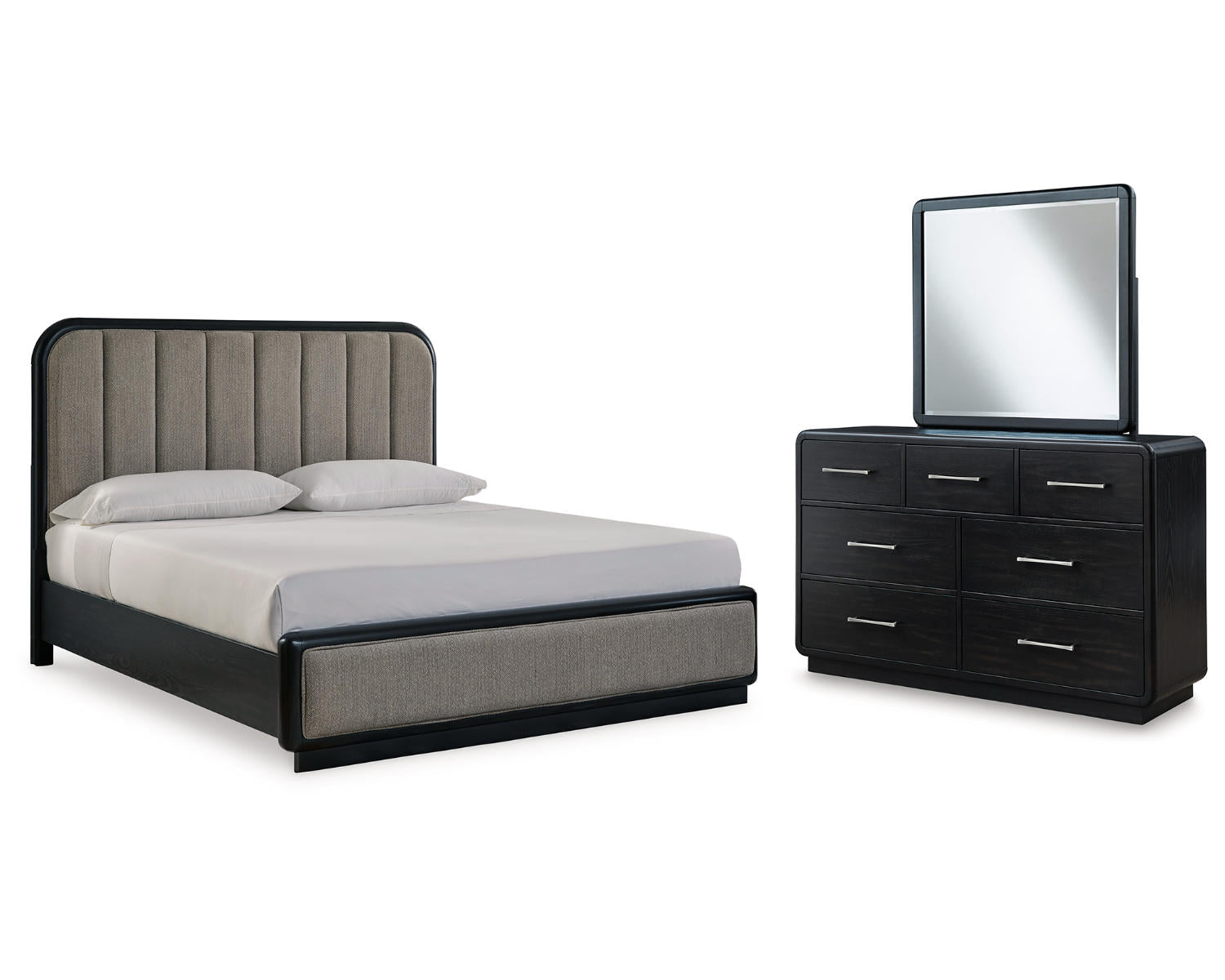 Rowanbeck King Upholstered Panel Bed, Dresser and Mirror