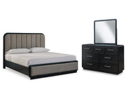 Rowanbeck King Upholstered Panel Bed, Dresser and Mirror