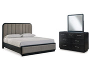 Rowanbeck California King Upholstered Panel Bed, Dresser and Mirror