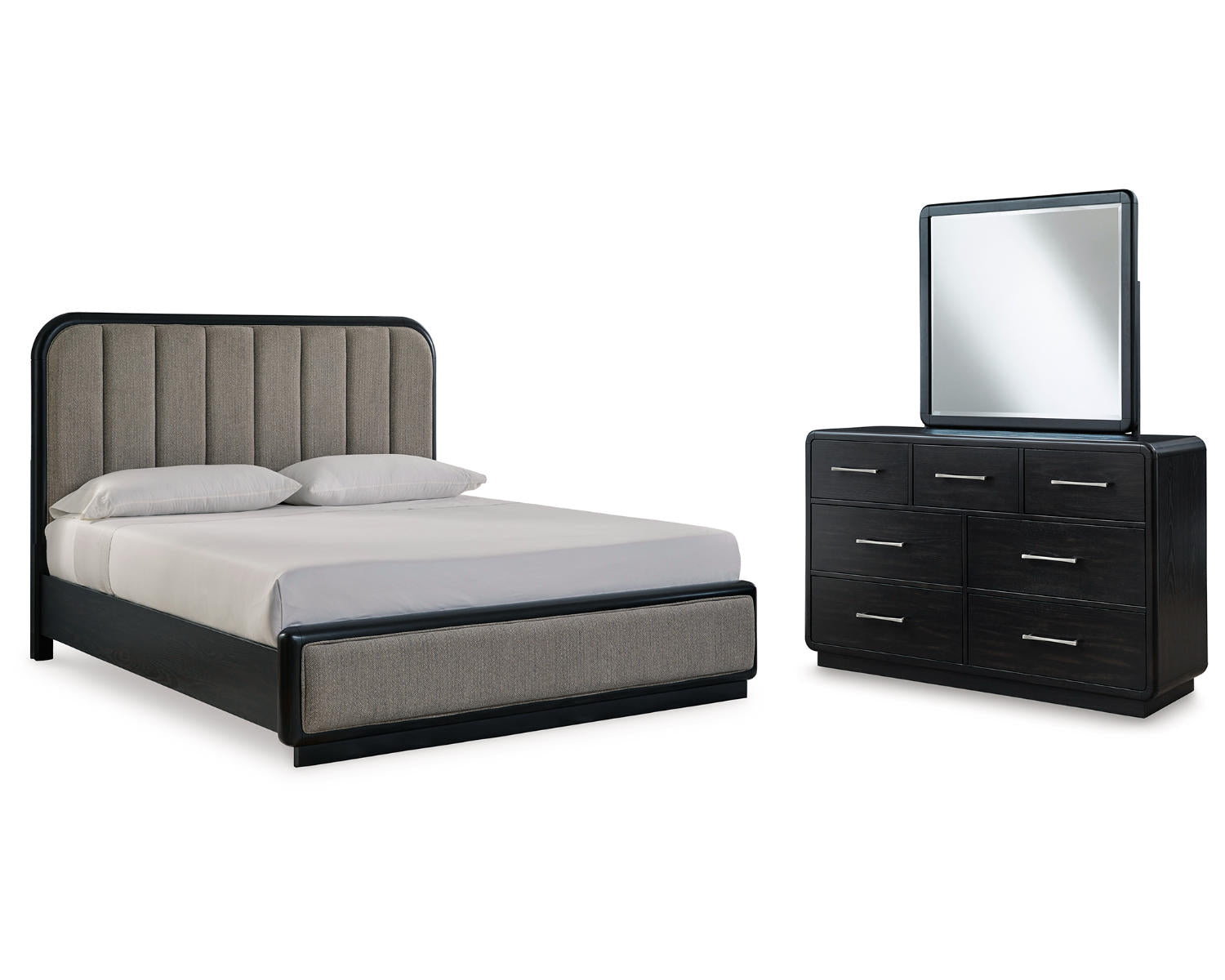 Rowanbeck California King Upholstered Panel Bed, Dresser and Mirror