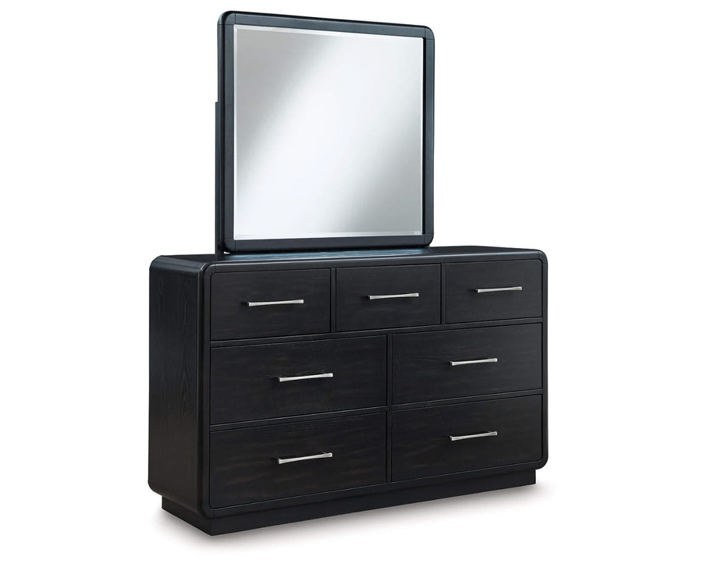 Cama Queen con paneles tapizados, tocador y espejo Rowanbeck