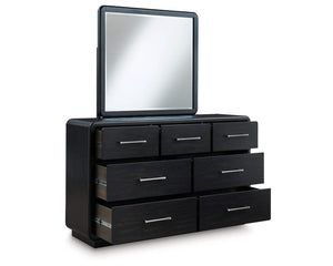 Cama Queen con paneles tapizados, tocador y espejo Rowanbeck