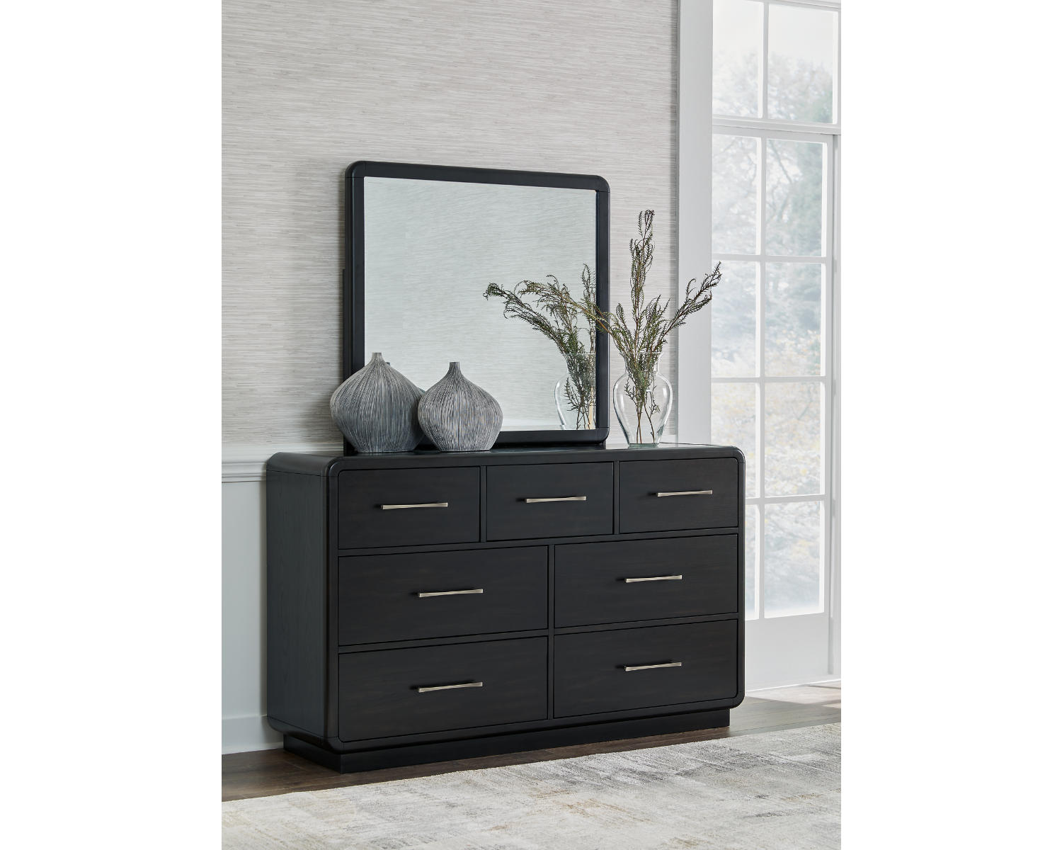 Rowanbeck King Upholstered Panel Bed, Dresser and Mirror