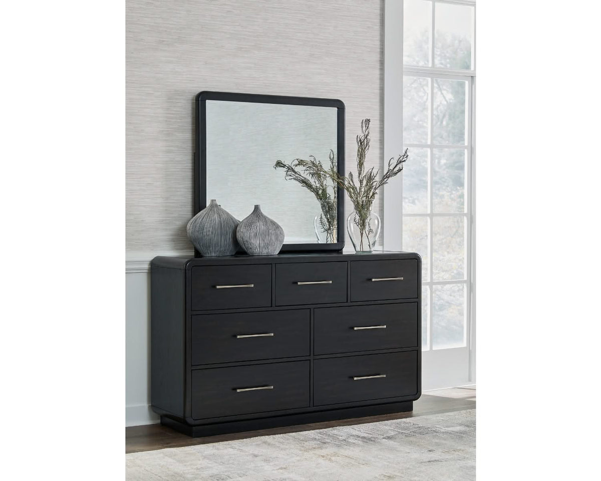 Cama Queen con paneles tapizados, tocador y espejo Rowanbeck