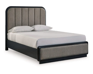 Cama Queen con paneles tapizados, tocador y espejo Rowanbeck
