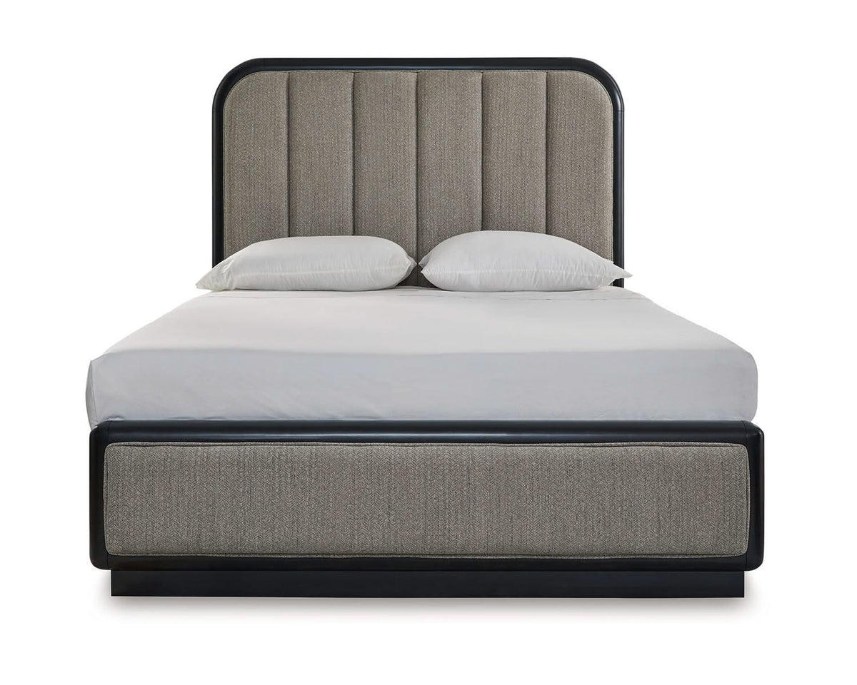 Cama Queen con paneles tapizados, tocador y espejo Rowanbeck
