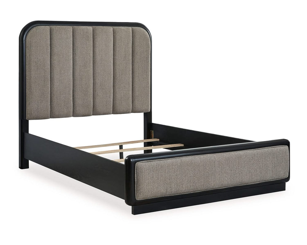 Cama Queen con paneles tapizados, tocador y espejo Rowanbeck