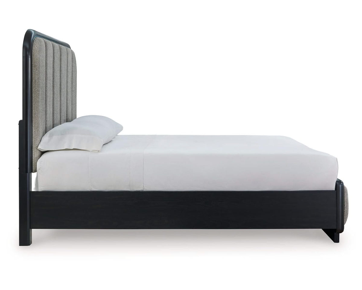 Cama Queen con paneles tapizados, tocador y espejo Rowanbeck