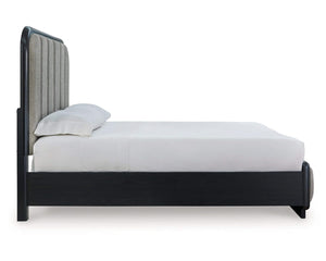 Cama Queen con paneles tapizados, tocador y espejo Rowanbeck