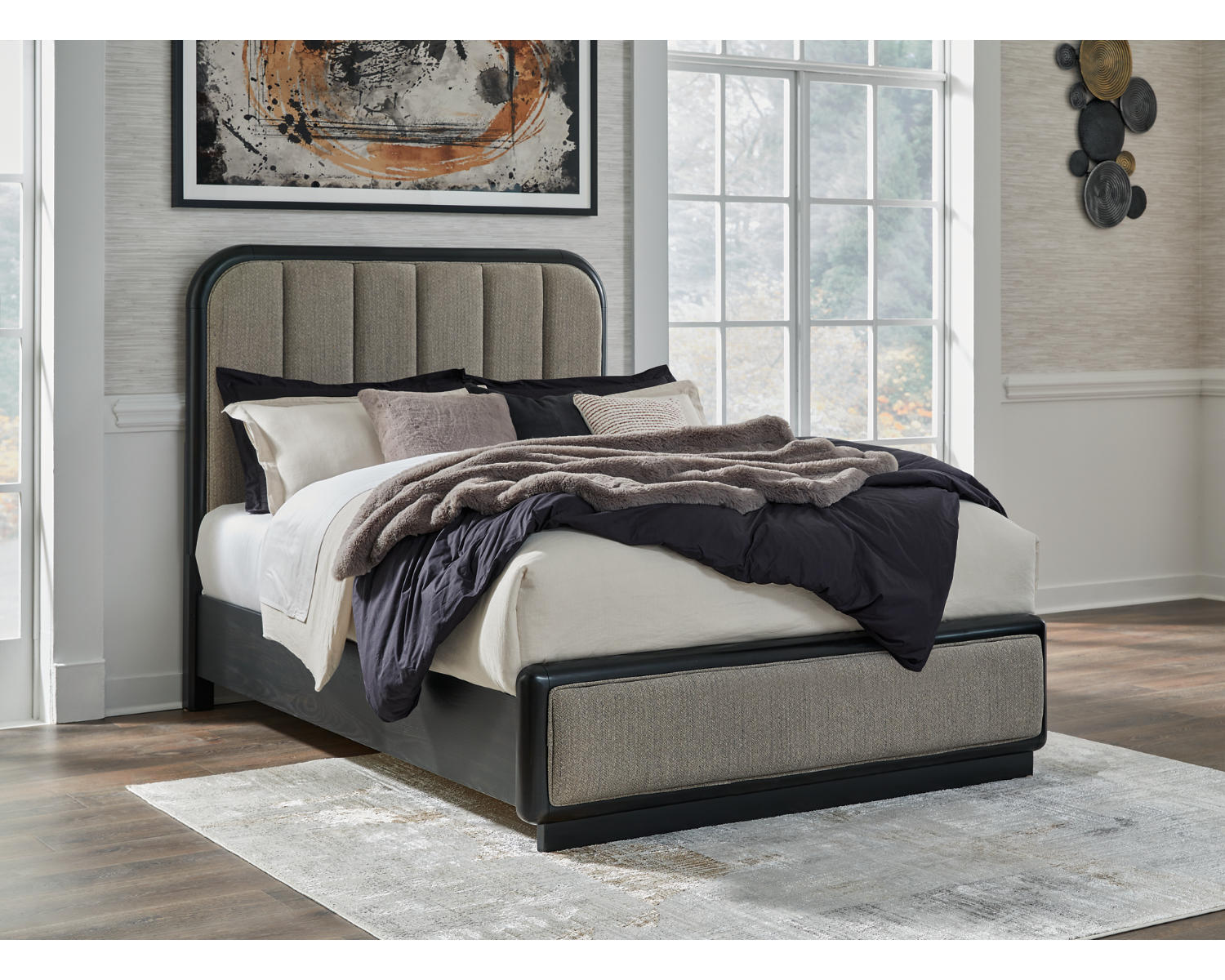 Rowanbeck Queen Upholstered Panel Bed, Dresser and Mirror