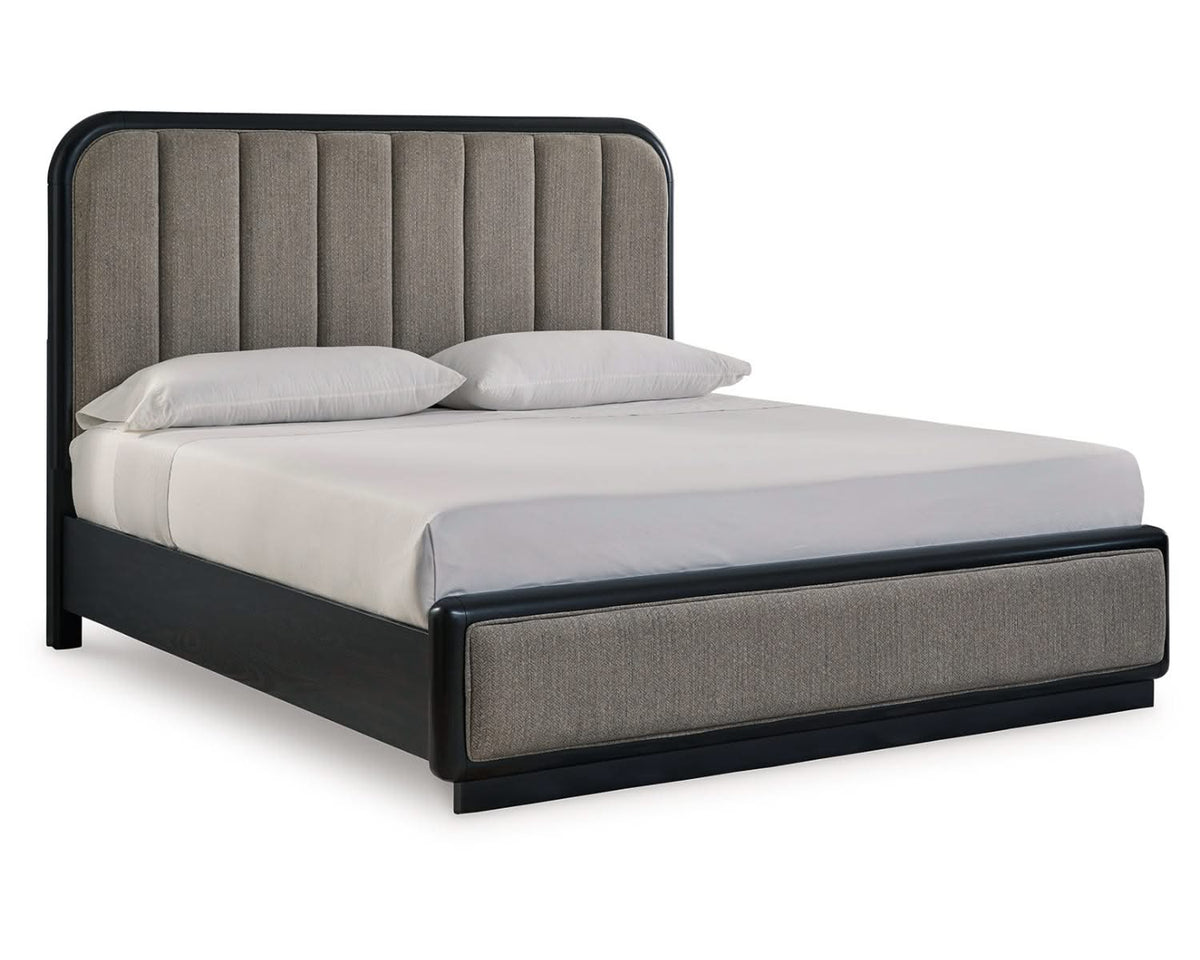 Cama King con paneles tapizados, tocador y espejo Rowanbeck