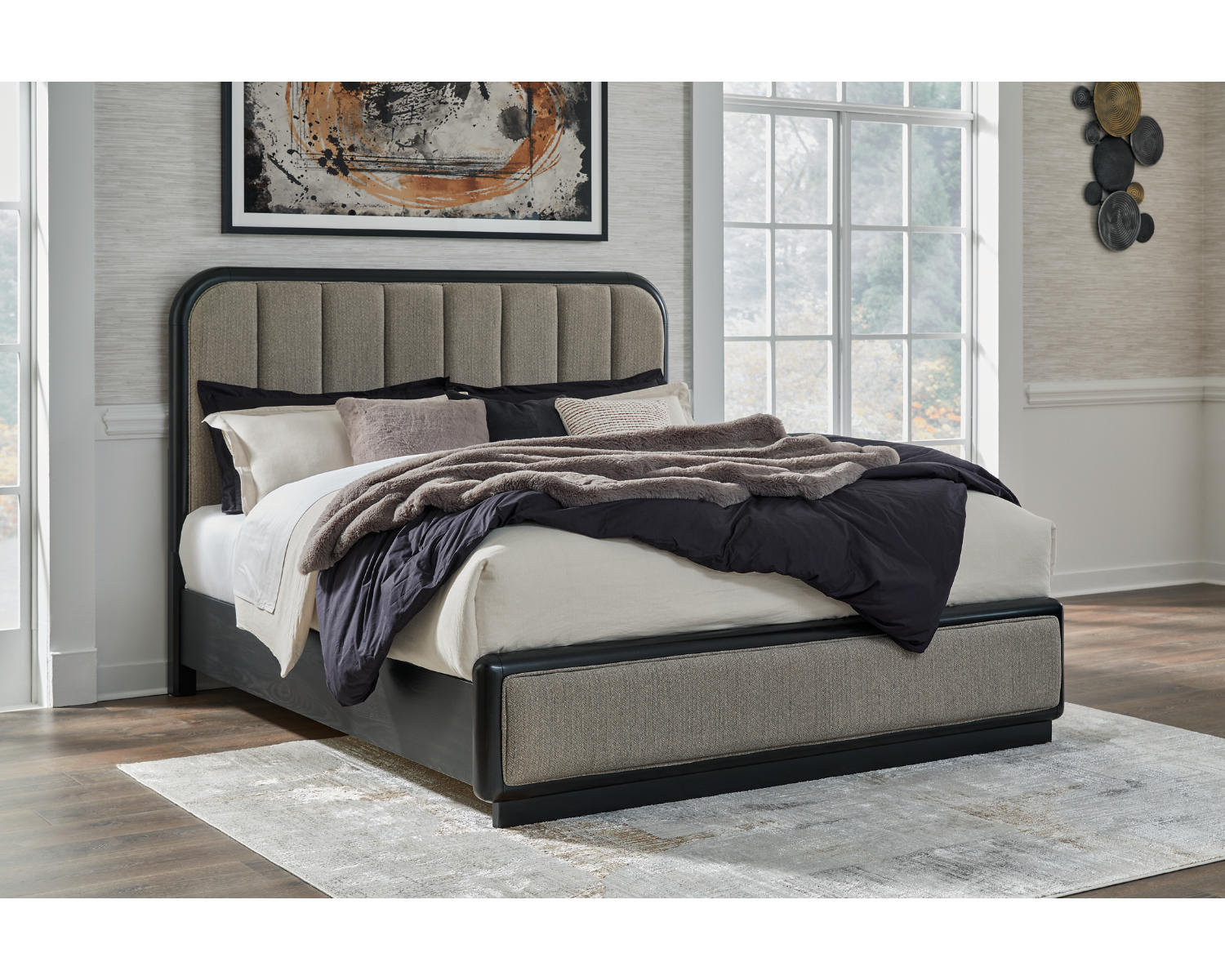 Rowanbeck King Upholstered Panel Bed, Dresser and Mirror