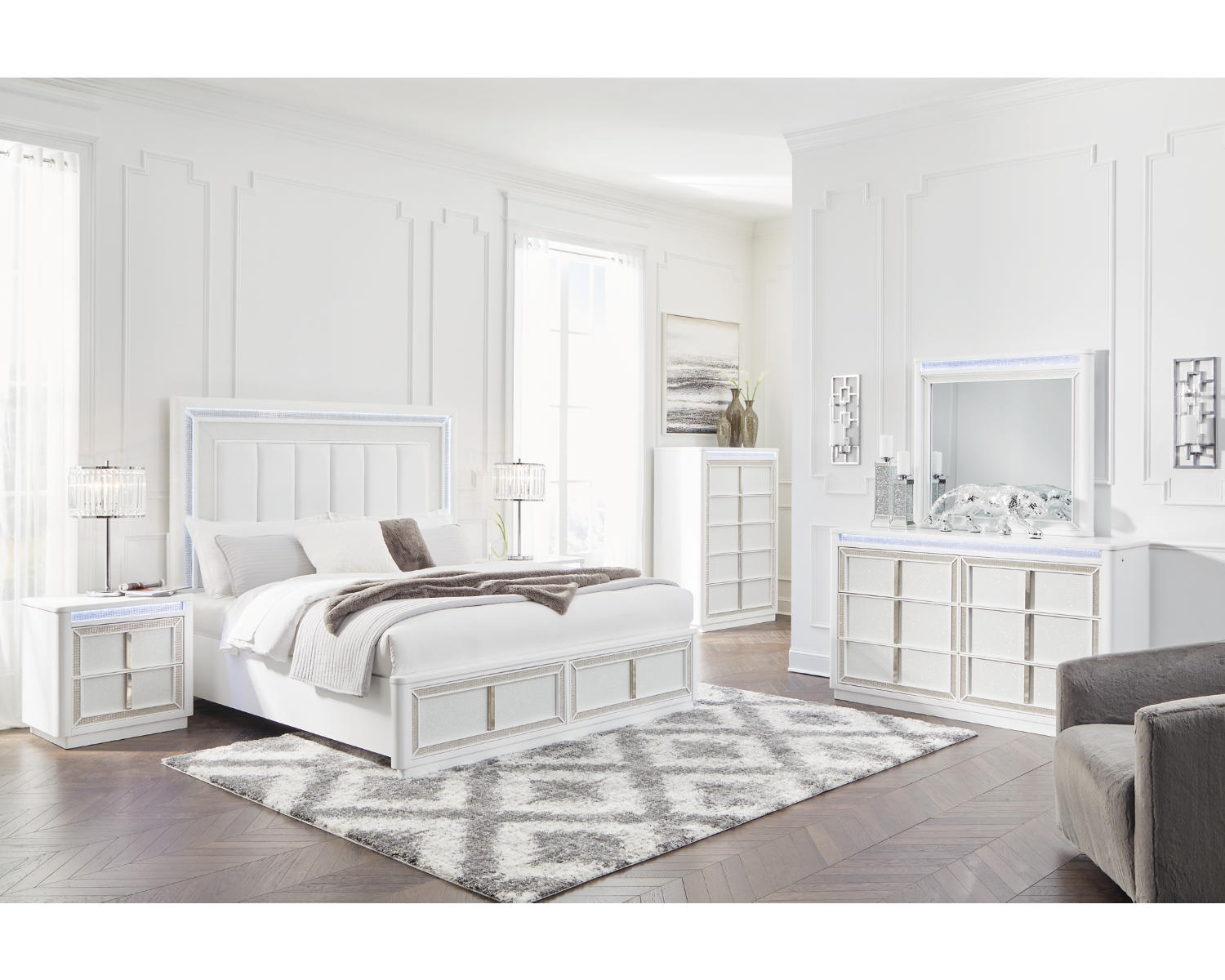 Chalanna Queen Upholstered Storage Bed, Dresser and Mirror