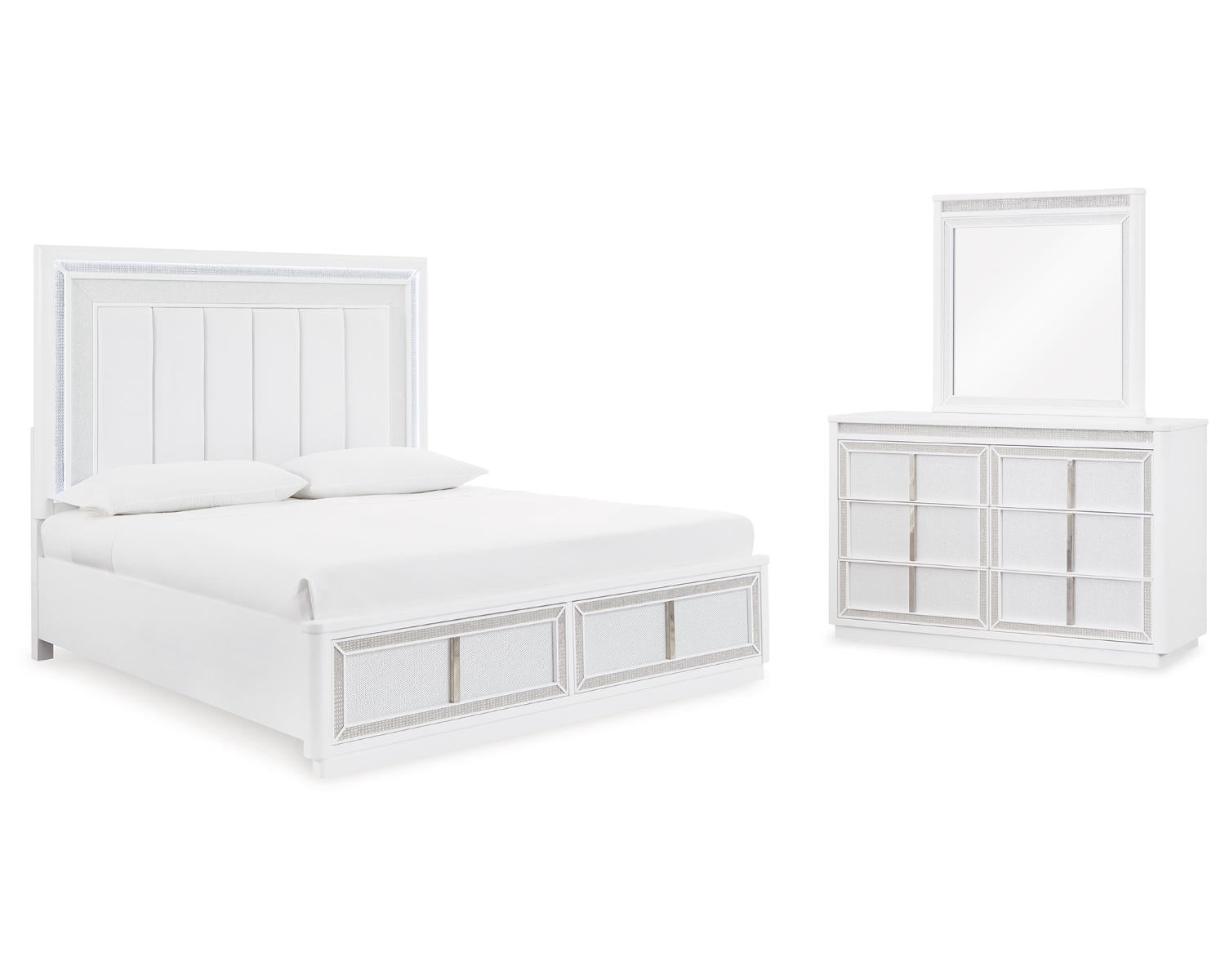 Chalanna Queen Upholstered Storage Bed, Dresser and Mirror