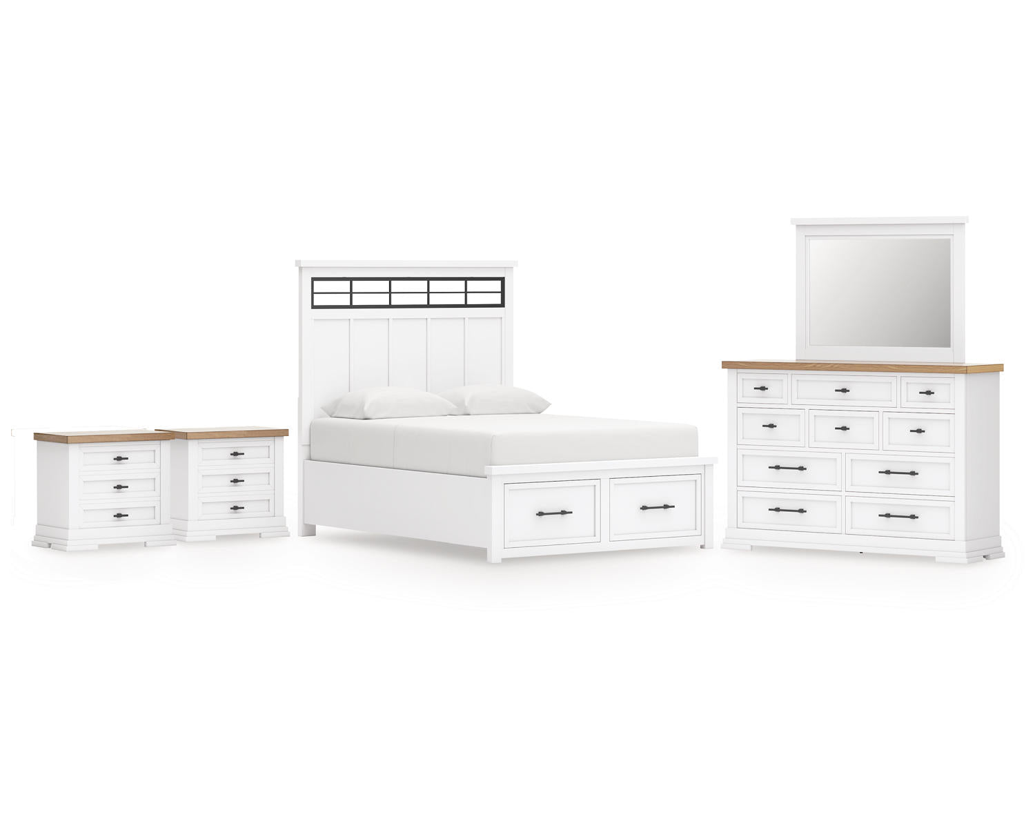 Ashbryn Queen Panel Storage Bed, Dresser, Mirror and 2 Nightstands