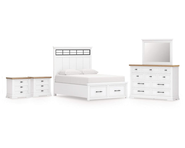 Cama Queen Ashbryn con almacenamiento, tocador, espejo y dos mesitas de noche