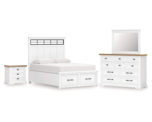 Cama King Ashbryn con almacenamiento, tocador, espejo y mesita de noche