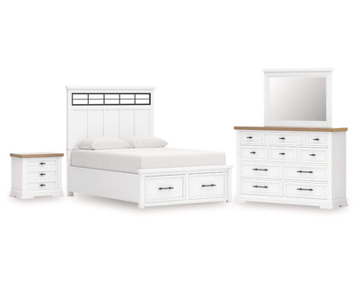 Cama King Ashbryn con almacenamiento, tocador, espejo y mesita de noche