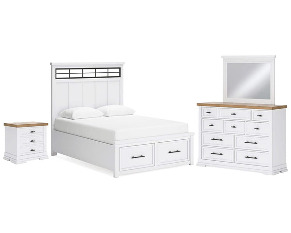 Cama Queen Ashbryn con almacenaje, tocador, espejo y mesita de noche
