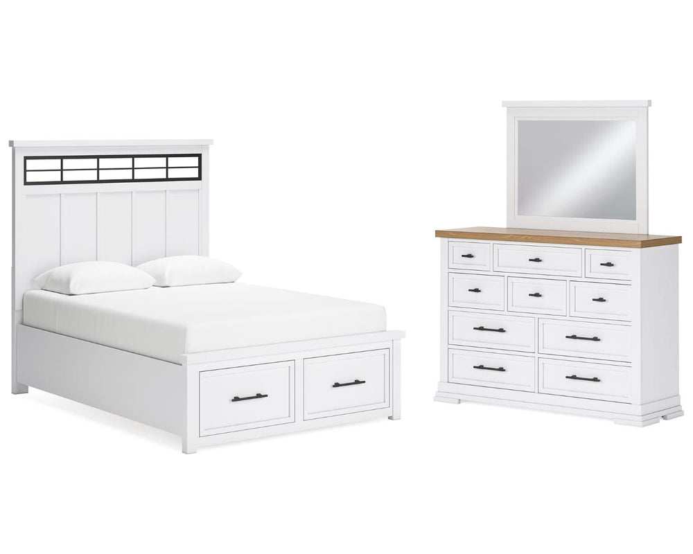 Cama Queen Ashbryn con almacenamiento, tocador y espejo