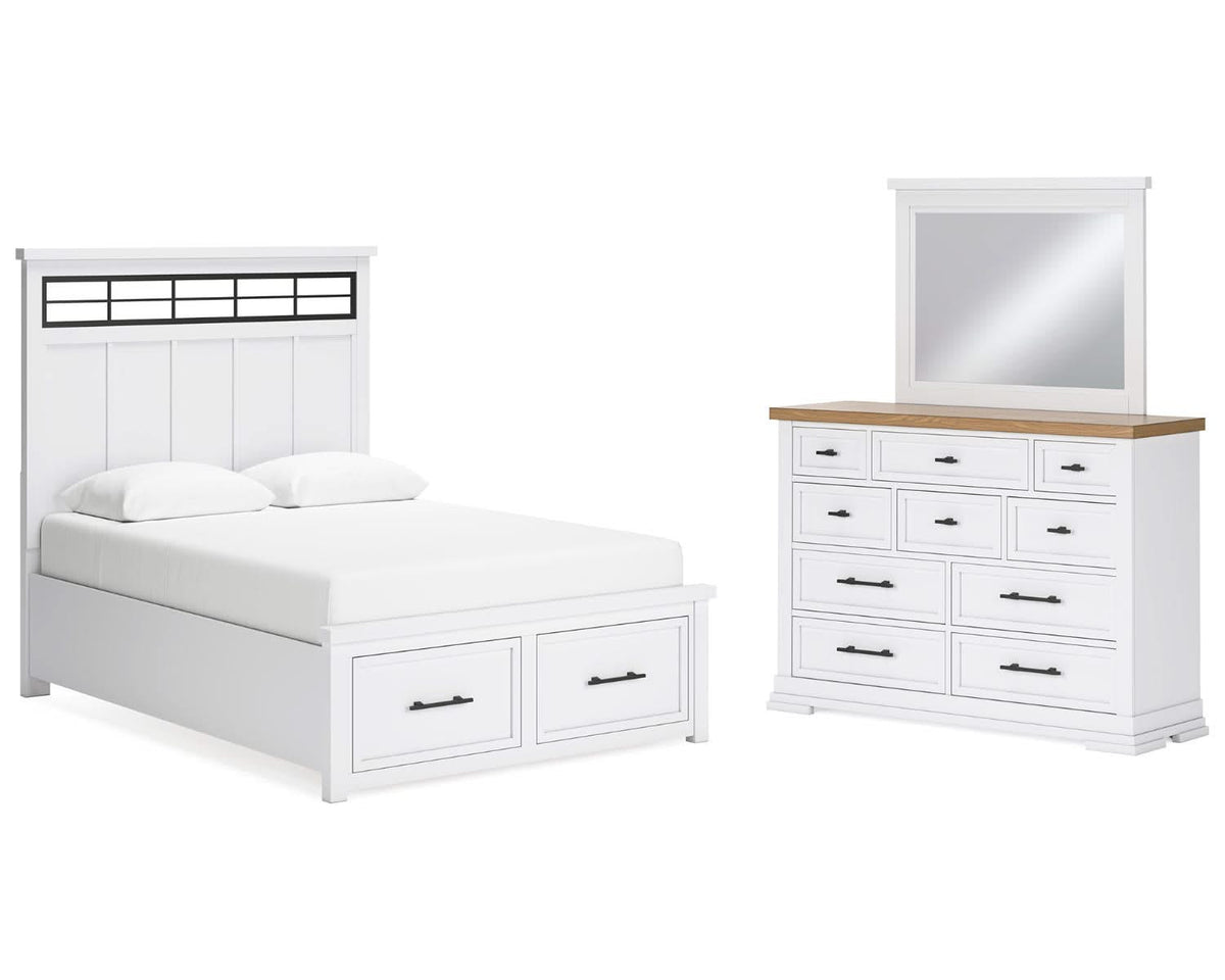 Cama Queen Ashbryn con almacenamiento, tocador y espejo