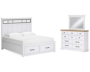 Cama King Ashbryn con almacenamiento, tocador y espejo
