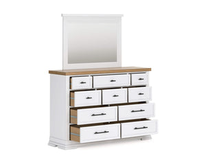 Cama King Ashbryn con almacenamiento, tocador y espejo