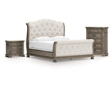 Cama tipo trineo California King de Ardenfield, cómoda y mesita de noche
