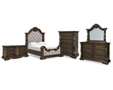 Cama Queen Maylee con paneles, tocador, espejo, cómoda y dos mesitas de noche