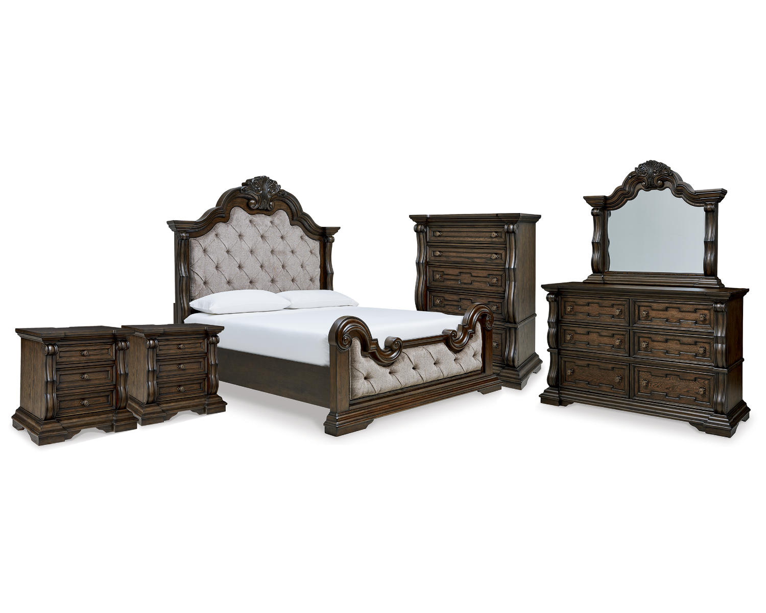 Maylee King Upholstered Bed, Dresser, Mirror, Chest and 2 Nightstands