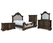Maylee King Upholstered Bed, Dresser, Mirror, Chest and 2 Nightstands
