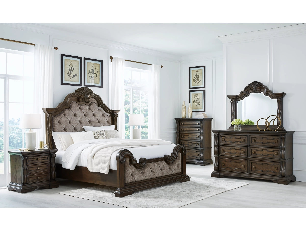 Maylee Queen Upholstered Bed with Mirrored Dresser, Chest and 1 Nightstands