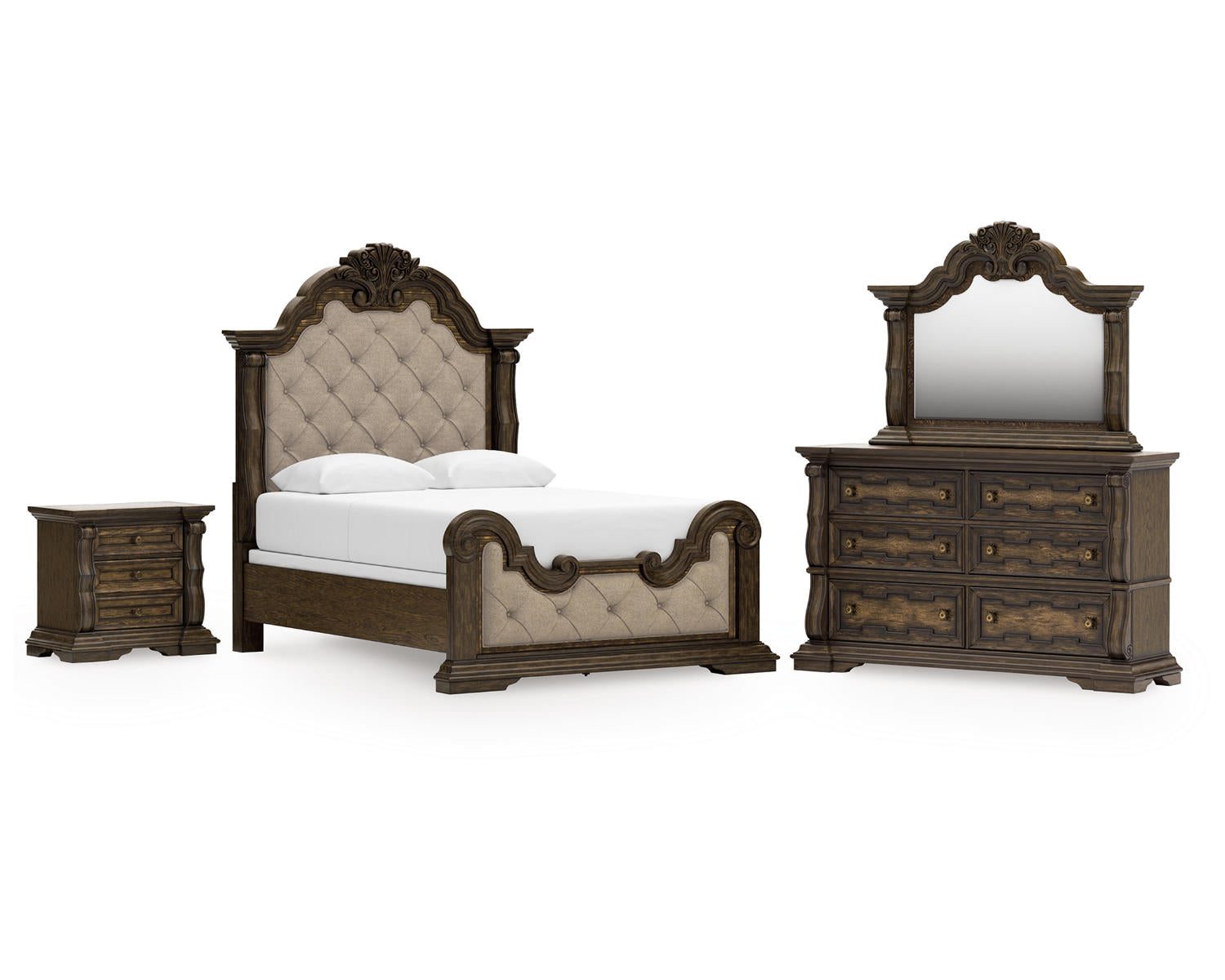 Maylee Queen Upholstered Panel Bed, Dresser, Mirror and Nightstand