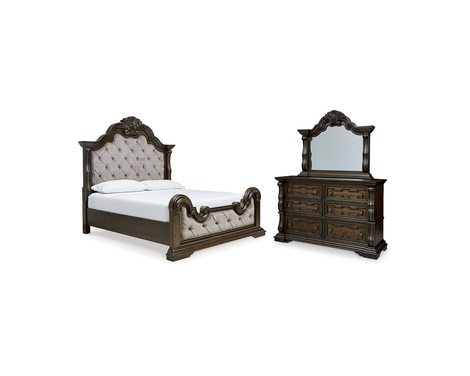 Maylee Queen Upholstered Bed, Dresser and Mirror