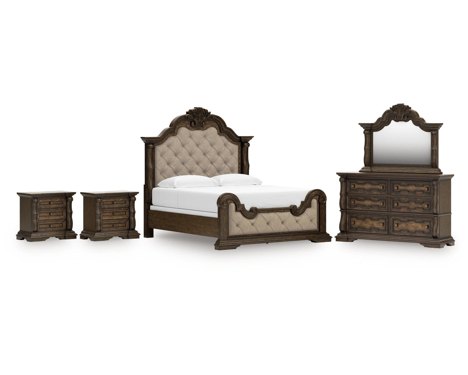 Maylee King Upholstered Bed, Dresser, Mirror and 2 Nightstands