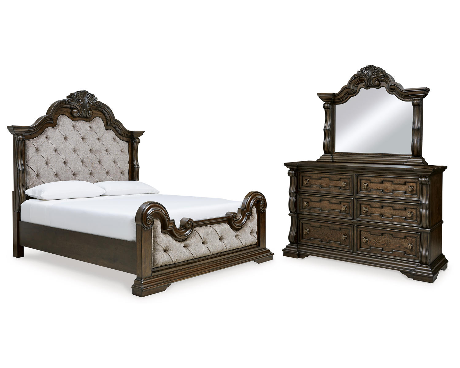Maylee King Upholstered Bed, Dresser and Mirror