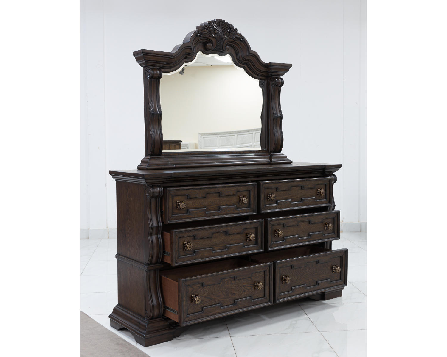 Maylee King Upholstered Bed, Dresser, Mirror, Chest and 2 Nightstands