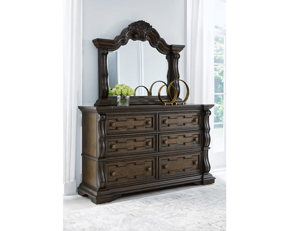 Maylee King Upholstered Bed, Dresser, Mirror and 2 Nightstands