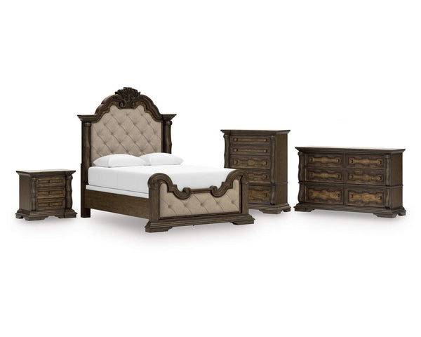 Cama Queen tapizada Maylee, cómoda, arcón y mesita de noche