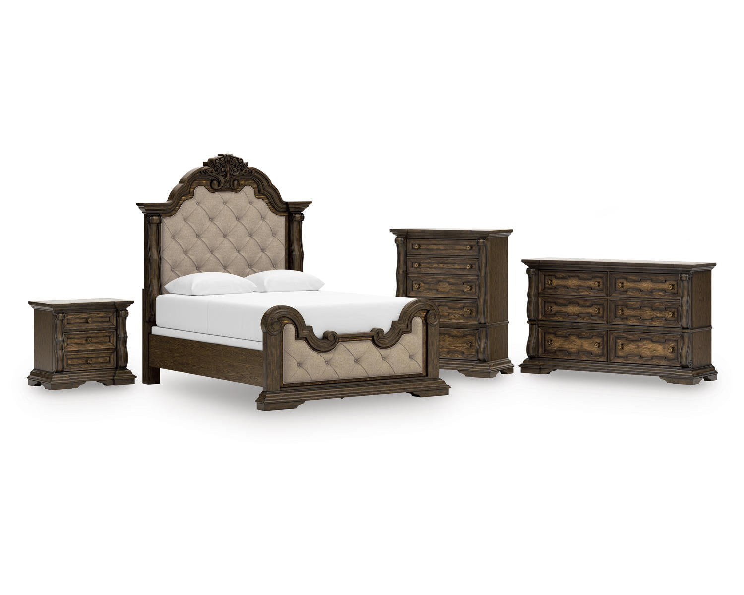 Maylee Queen Upholstered Bed, Dresser, Chest and Nightstand