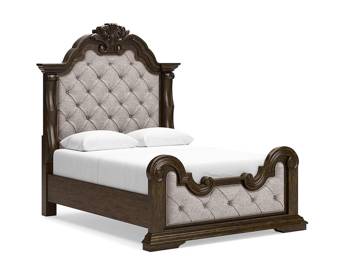 Maylee Queen Upholstered Panel Bed, Dresser, Mirror and Nightstand